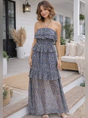Navy Ruffled Smocked Floral Halter Neck Maxi Dress